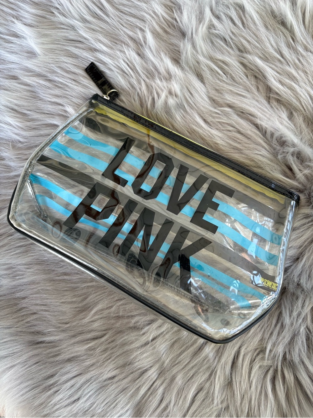PINK Victoria's Secret Clear 'Love Pink' Blue Stripe Makeup Bag